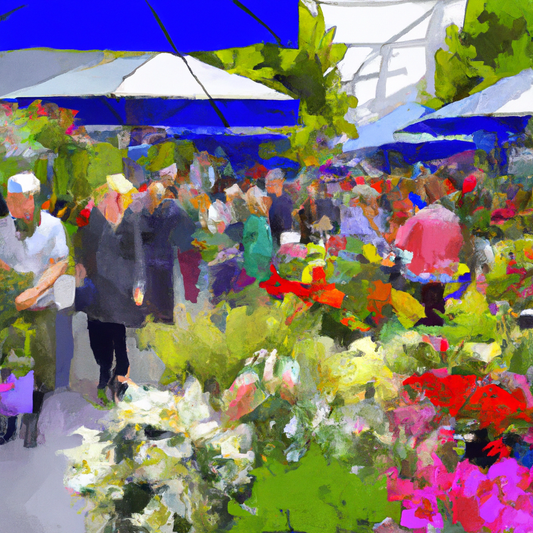 An enchanting digital painting of a bustling flower market in Christchurch, New Zealand, showcasing a colorful array of native blooms and lively shoppers enjoying a sunny day.