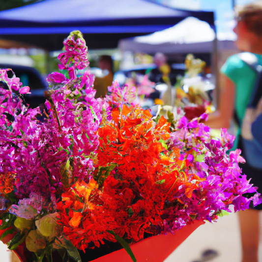 A vibrant display of diverse, affordable bouquets featuring seasonal flowers arranged creatively in upcycled containers, set against the backdrop of a cheerful outdoor farmer's market. Use of warm, na