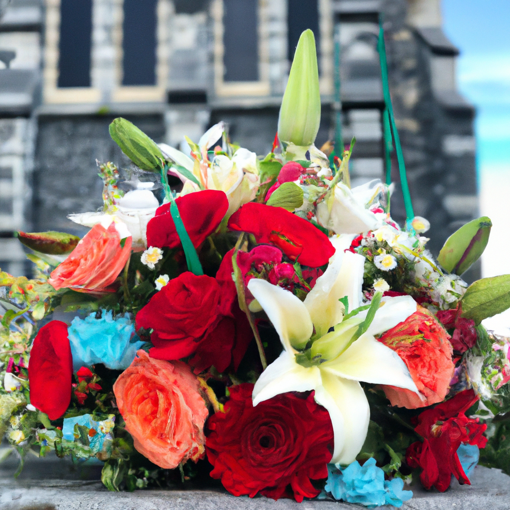 A vibrant and elegant display of various bridal bouquets featuring the latest floral trends, set against the backdrop of iconic Christchurch landmarks, crafted by top local florists.