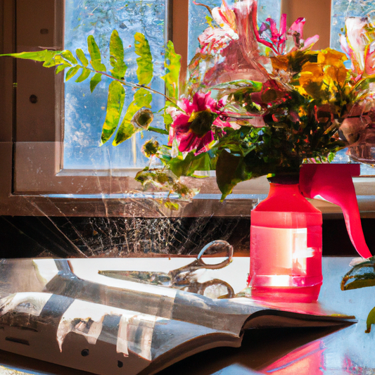 An elegant vase filled with a variety of freshly cut flowers sitting on a wooden table, next to a small book open on a page about flower care, with sunlight streaming through a nearby window, casting