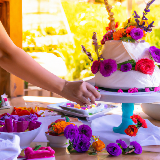An artistic display of a vibrant cake decorating session, where a skilled pastry chef is elegantly placing an array of colorful edible flowers on a multi-tiered white cake, set on a rustic wooden tabl