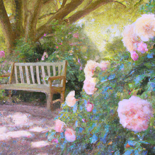 An idyllic garden scene in Christchurch, New Zealand, featuring an array of delicate pastel roses in full bloom, with soft sunlight filtering through a nearby willow tree and a quaint wooden bench in