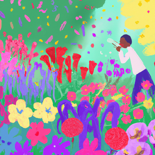 An enchanting spring garden brimming with a variety of colorful flowers, with a person sneezing in the background, surrounded by floating pollen particles, in a serene yet vibrant cartoon style.