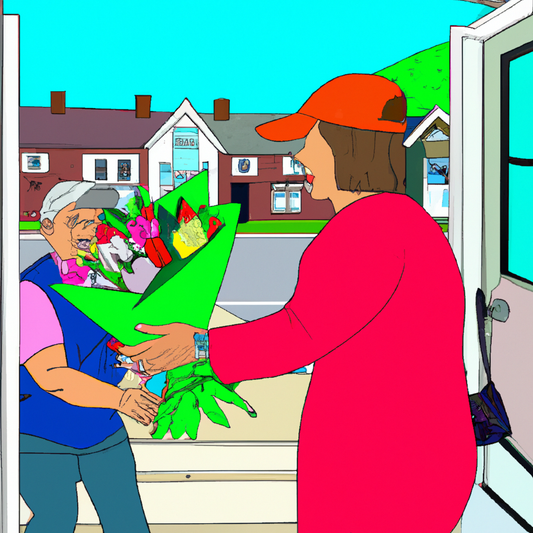 A cheerful delivery person in a vibrant, floral uniform handing a lush, colorful bouquet of flowers to a smiling elderly woman at her quaint doorstep, with a sunny, picturesque suburban street in the 