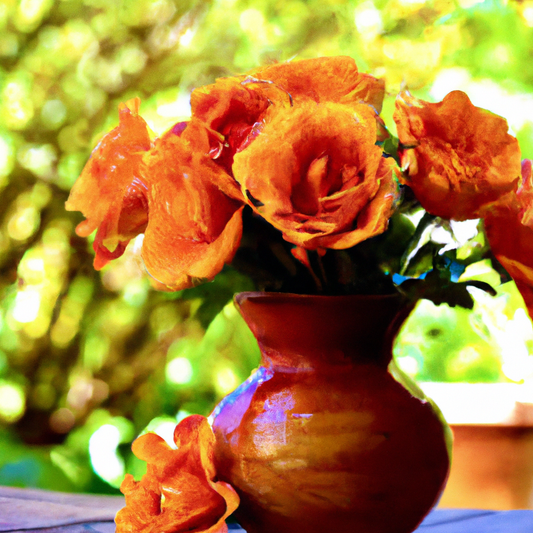 A stunning bouquet of bright orange roses set in a rustic vase, resting on an old wooden table with morning sunlight softly illuminating the petals, surrounded by a blurred garden background.