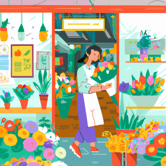 Cozy and inviting local flower shop brimming with various colorful flowers and plants, featuring a cheerful florist arranging bouquets, with sunlight streaming through large front windows, creating a