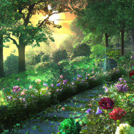 An enchanting botanical garden at sunset, with a pathway lined by rare green roses in full bloom, surrounded by a variety of vibrant flowers and plants, with a gentle mist enhancing the mystical atmos