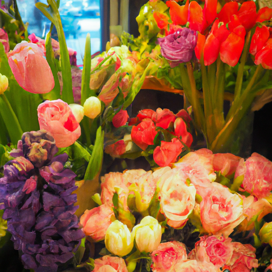 Vibrant and colorful flower bouquets displayed in an enchanting florist shop in Christchurch, New Zealand, with an array of tulips, roses, and peonies, under soft, warm lighting