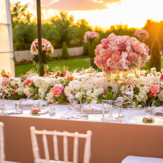 An elegant wedding reception table set outdoors during sunset, beautifully decorated with an array of vibrant and lush floral centerpieces, featuring roses, peonies, and lush greenery, with golden hou