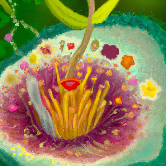An enchanting digital painting illustrating the scientific process of flower blooming, showing a detailed cross-section of a colorful flower with visible stamens and pistils, surrounded by floating po