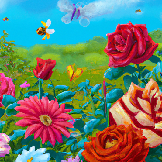 A serene and vibrant garden filled with a variety of blooming flowers under a clear blue sky, showcasing a close-up of a bee pollinating a bright red rose while butterflies flit around nearby daisies 