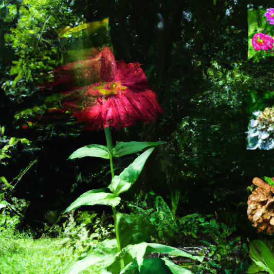 Time-lapse illustration showing the transformation of a wilted flower reviving and blooming again in a vibrant, lush garden setting with sunlight filtering through trees.