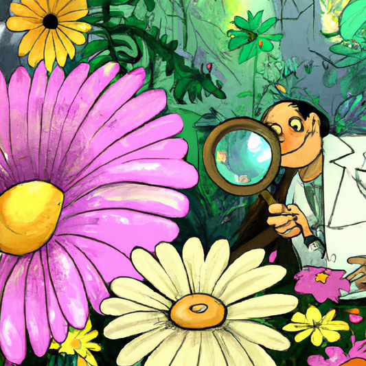 An illustrated image of a scientist examining a giant daisy with a magnifying glass in a vibrant, magical forest setting, surrounded by various plants displaying anthropomorphic expressions ranging fr