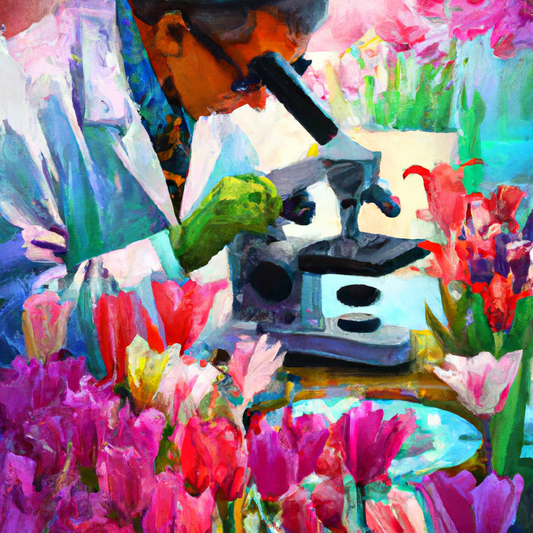Create a digital painting of a scientist in a lab coat using a microscope to examine the pigments of a vibrant, multi-colored tulip, with a background of various colorful flowers and detailed charts d