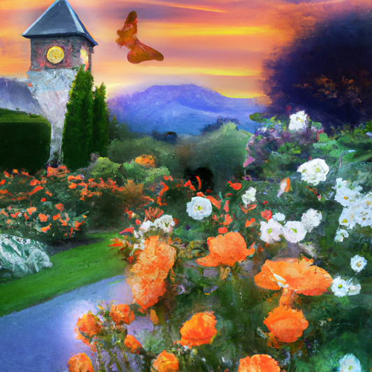 An enchanting garden in Christchurch by twilight, illuminating a winding path lined with vibrant orange roses in full bloom, butterflies fluttering above, with the backdrop of an old stone chapel and 