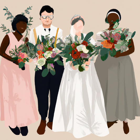 A diverse group of brides each holding a unique bridal bouquet tailored to their personal style and wedding theme, set in a serene botanical garden.