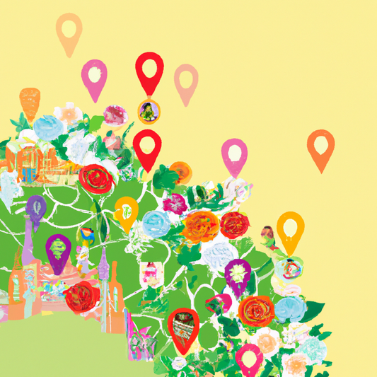 An illustrated map dotted with vibrant, colorful icons of different flowers representing various bouquet shops in a bustling city, with people of diverse backgrounds happily choosing bouquets.