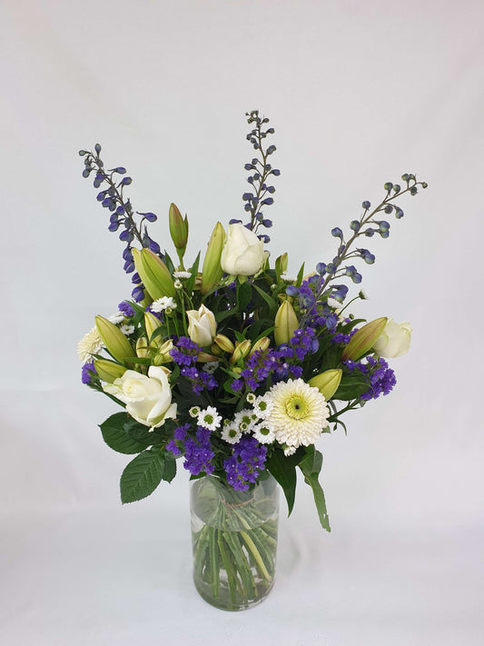 A purple and white bouquet.