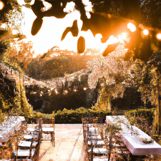 An enchanting wedding venue at sunset, elegantly decorated with fairy lights, delicate floral arrangements, and vintage furniture, creating a dreamy and romantic atmosphere.