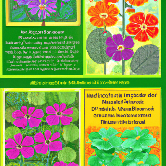 An illustrated guide showing a variety of flowers in different colors and shapes, each labeled with the scientific factors influencing their coloration, set in a vibrant, educational botanical garden 