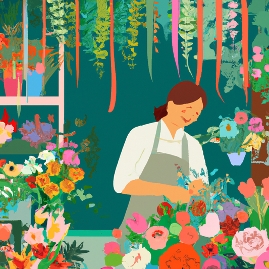 An artistic, vibrant workspace filled with various colorful flowers and plants, where a smiling florist wearing an apron arranges a bouquet against a backdrop of hanging greenery and floral decoration