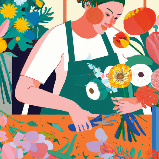 A skilled florist in a sunlit workshop, delicately assembling a vibrant and colorful bouquet with an array of exotic flowers like orchids, sunflowers, and peonies, surrounded by green foliage and flor