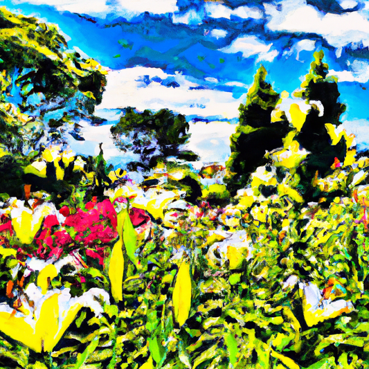 Vibrant watercolor painting of a serene botanical garden filled with various types of blooming lilies under a bright blue sky, located in Christchurch, New Zealand.