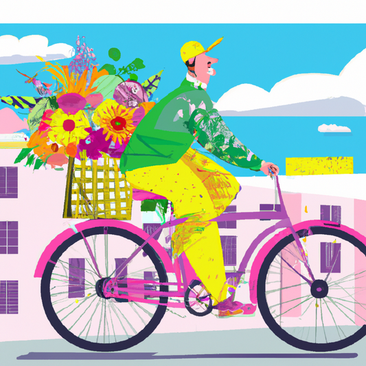 A joyful delivery person in a colorful uniform riding a vintage bicycle through a picturesque street, with a large, vibrant basket filled with an assortment of beautiful, fresh flowers, under a sunny,