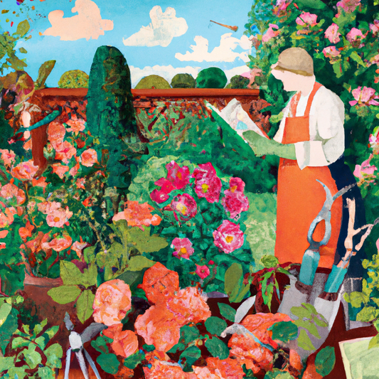An enchanting garden scene at sunset, showcasing a diverse array of bright, vibrant roses in full bloom, with a gardener carefully pruning the bushes, surrounded by an assortment of gardening tools an