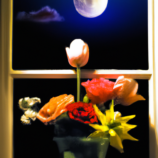 An enchanting still life of various fresh flowers, including roses and tulips, gracefully arranged in an antique glass vase filled with water, placed beside a small, gently illuminated window with a c