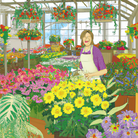 A sunlit greenhouse filled with a diverse array of colorful flowers, featuring a central scene where a smiling florist in an apron is interacting cheerfully with a flower grower, surrounded by baskets