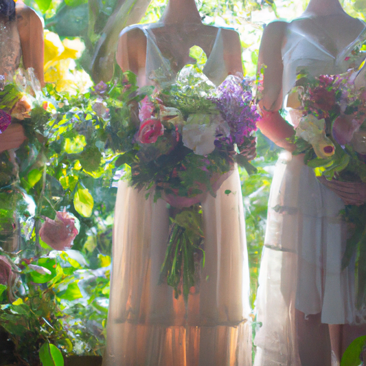 A series of elegant wedding bouquets showcasing the latest trends, featuring an array of delicate flowers in pastel and bold colors, held by brides in a lush garden setting, with vintage details and b