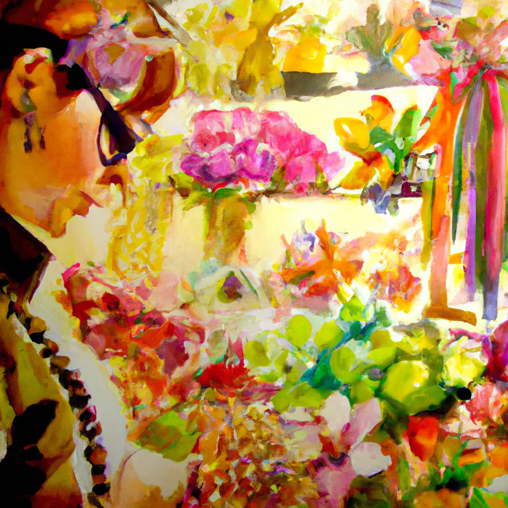 A detailed watercolor painting of a person browsing through a traditional florist shop, showcasing a variety of elegant corsages made of roses, orchids, and lilies, each uniquely designed with ribbons