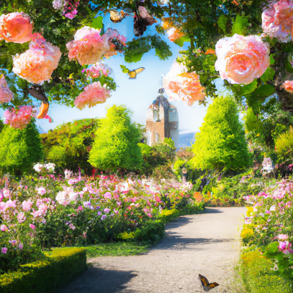 Create an enchanting image of a serene garden path in Christchurch, New Zealand, lined with various shades of blooming pink roses under a clear blue sky. The scene includes butterflies gently hovering