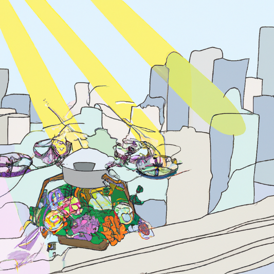 An illustration of a futuristic drone delivering a colorful bouquet of flowers over a bustling cityscape during a sunny day.