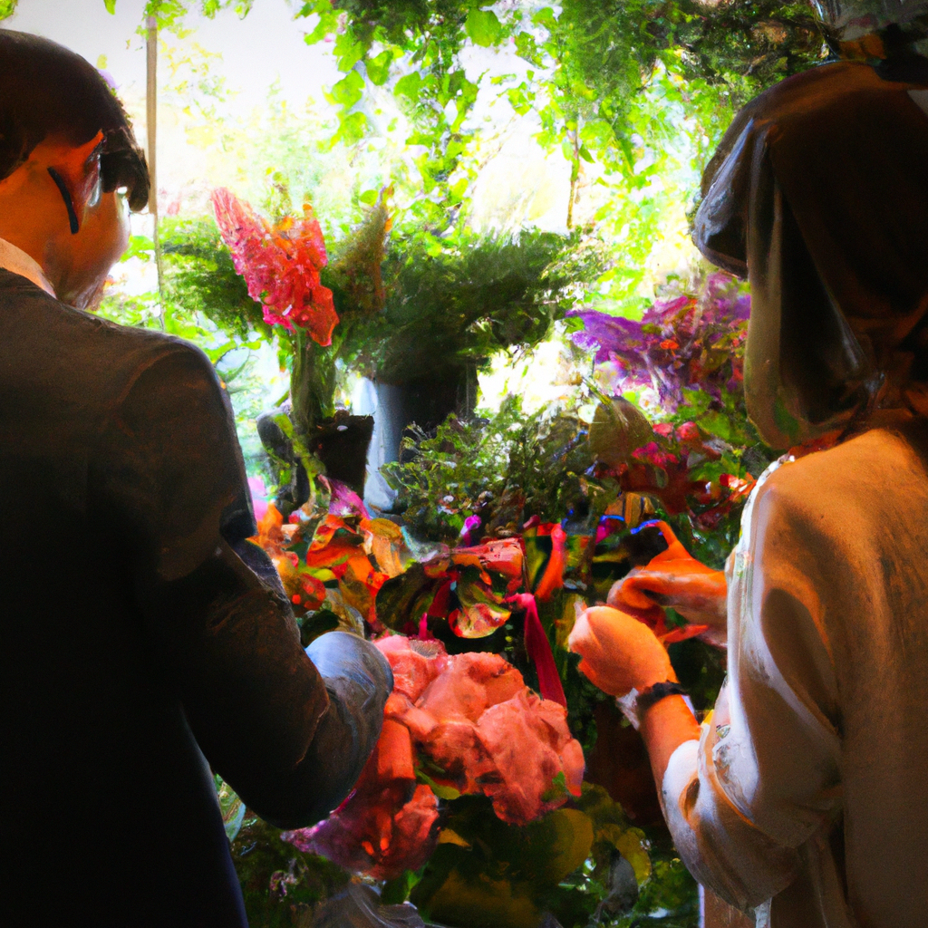 An array of vibrant floral corsages displayed in an elegant boutique in Christchurch, with a happy couple carefully selecting the perfect one for a special occasion, surrounded by lush greenery and so