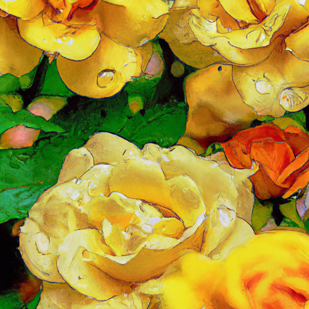 An ethereal sunlit garden filled with lush, vibrant yellow roses, each bloom perfectly detailed, set against a background of soft focus greenery, with gentle morning dew drops visible on the petals, c