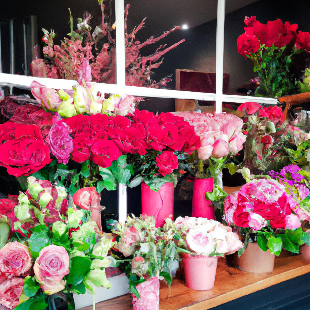 An elegant flower shop in Christchurch filled with various shades of red roses, showcasing different sizes and arrangements, with a knowledgeable florist assisting customers in choosing the perfect bl