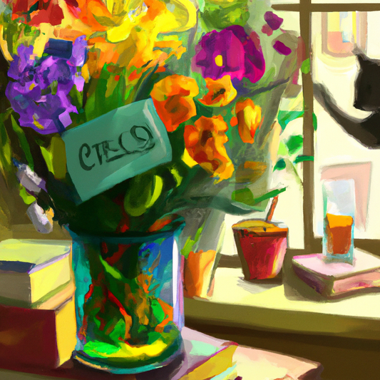 A digital painting depicting a cozy indoor scene where a curious cat is sniffing a vase of beautiful, vividly colored flowers arranged on a sunny windowsill, with an illustrated book titled Toxic Flow