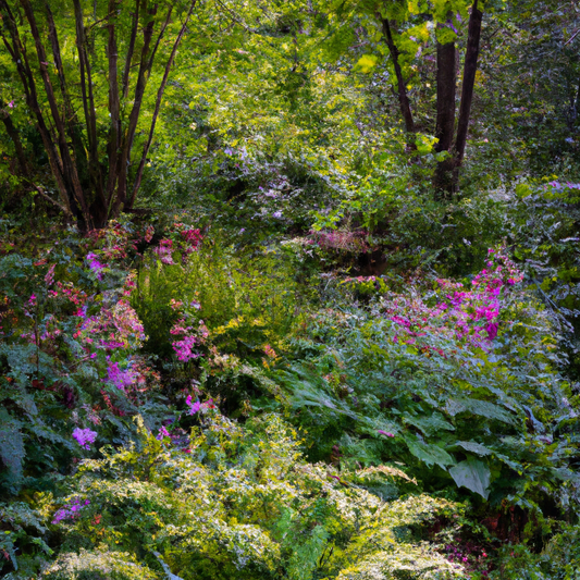 Beautiful garden landscape abundant with a variety of flowers thriving in the shade, featuring lush ferns, vibrant hostas, and delicate astilbes, set in a serene woodland setting during a soft morning
