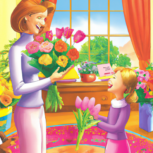 An illustrated guide showing a variety of perfect flowers for Mother's Day, including roses, tulips, and lilies, arranged elegantly in a sunlit room with a happy mother smiling as she receives a bouqu