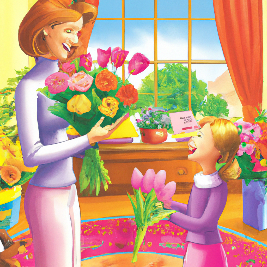 An illustrated guide showing a variety of perfect flowers for Mother's Day, including roses, tulips, and lilies, arranged elegantly in a sunlit room with a happy mother smiling as she receives a bouqu