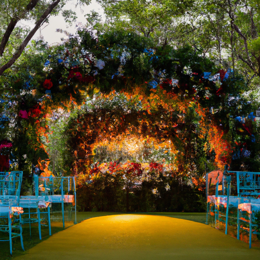 A serene, romantic wedding setup in a lush garden, with a variety of vibrant flowers adorning the arch and tables during sunset, subtly capturing the theme 'Best Time to Book a Florist for Your Weddin