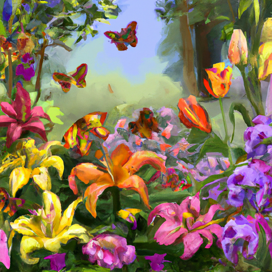An enchanted garden filled with a diverse array of lilies, showcasing various colors and sizes under a gentle morning sunlight, with bees and butterflies fluttering around, in a vibrant, painterly sty