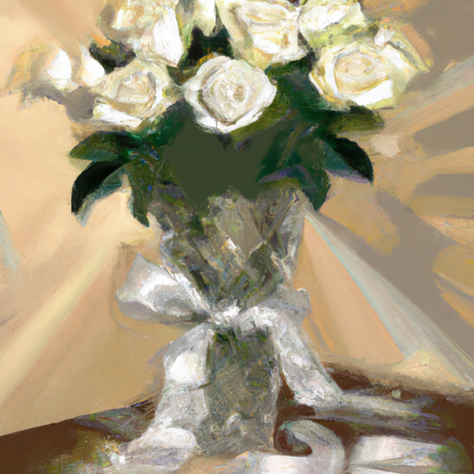 An elegant bouquet of twelve white roses in a crystal vase, delicately tied with a satin ribbon, set against a soft, romantic background with gentle lighting.