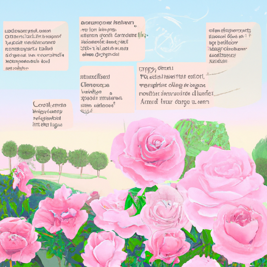 An elegant garden filled with various types of blooming pink roses, each labeled with their names and symbolic meanings, under a bright sunny sky.