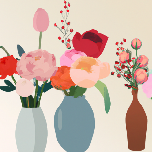 An elegant and colorful assortment of the top flowers for Mother's Day, featuring lush bouquets of roses, tulips, and peonies, arranged in charming vases, set against a soft, diffused daylight backgro