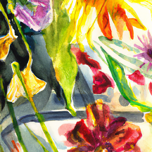 A vibrant watercolor painting of a variety of colorful flowers wilting in a sunlit car, emphasizing the heat and confinement with exaggerated drooping petals and steamy windows.