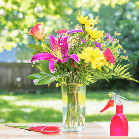 An artistically arranged bouquet of vibrant, colorful flowers, including roses, lilies, and daisies, displayed in a translucent glass vase set on a rustic wooden table, with a blurred background of a 