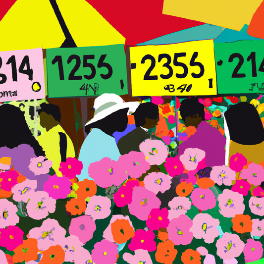 An illustrative depiction of a bustling floral market with diverse people examining highly detailed, oversized price tags attached to vibrant, exotic flowers under a canopy of colorful umbrellas, with